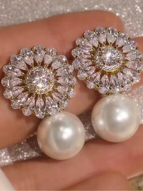 Gold Floral Crystal & Pearl Drop Earrings - White Pearls